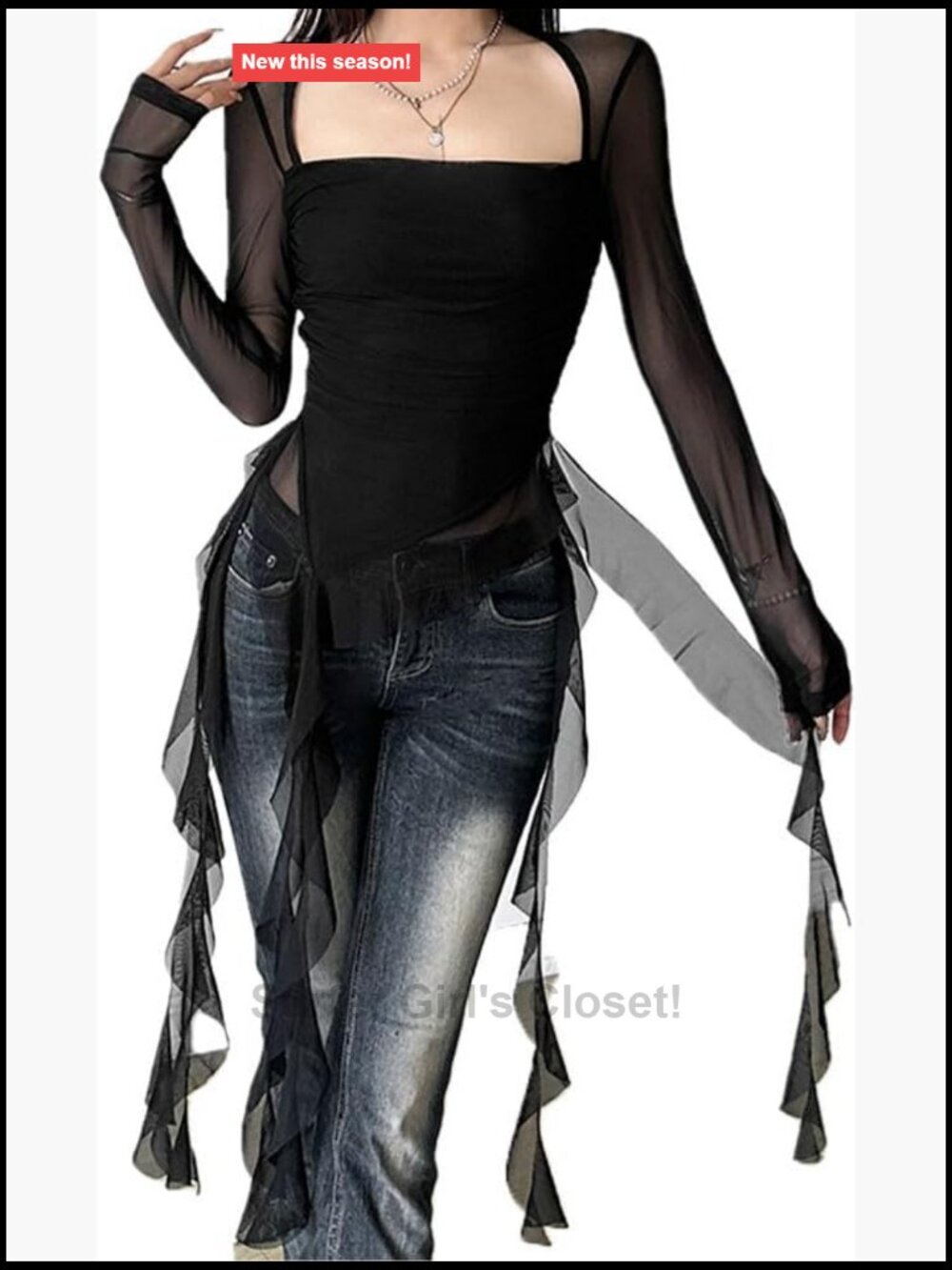 Sheer Lace Long Sleeve Ruffle Club Top Square Neck Asymmetrical